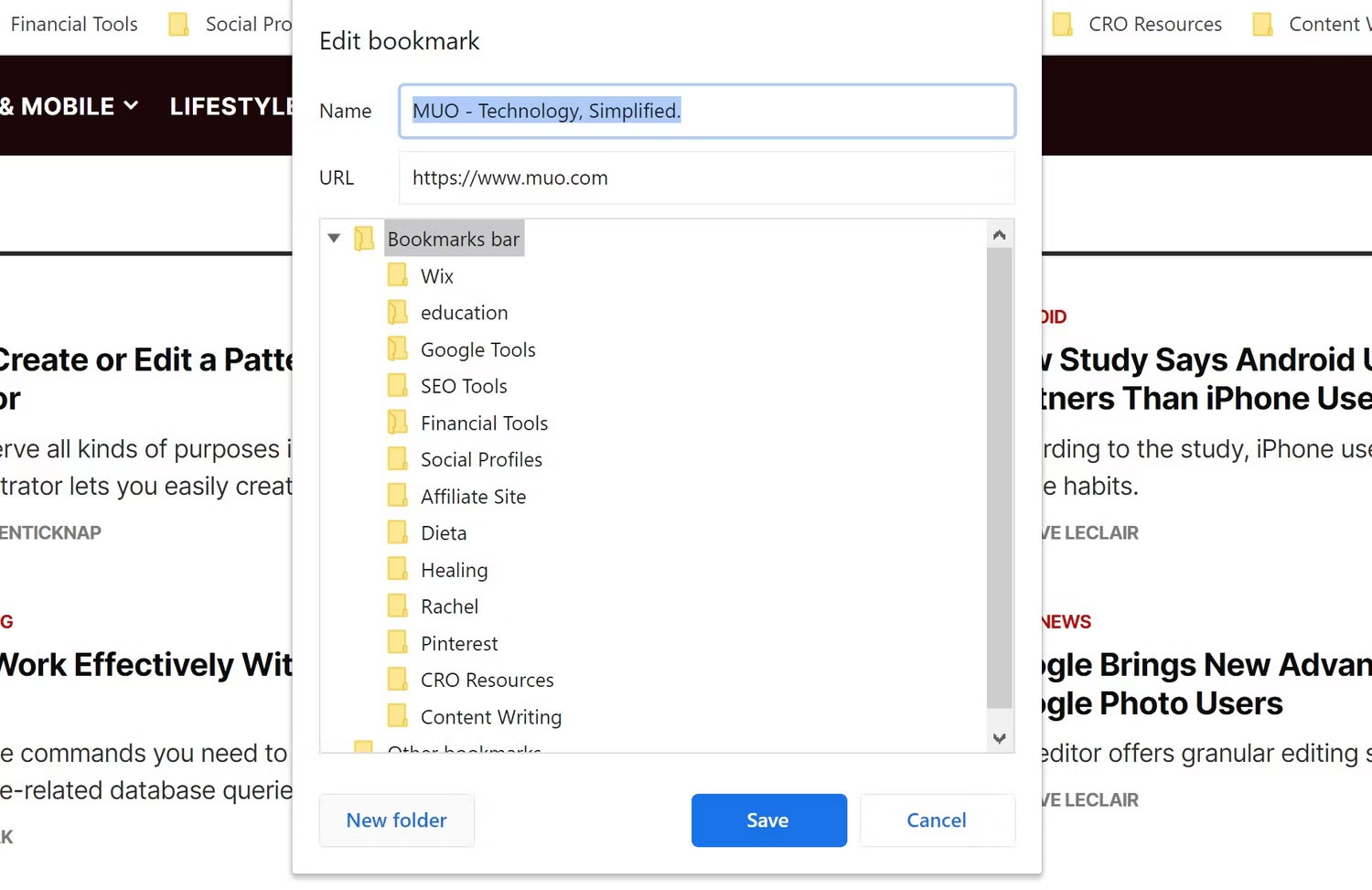 Tùy chọn bookmark Google Chrome