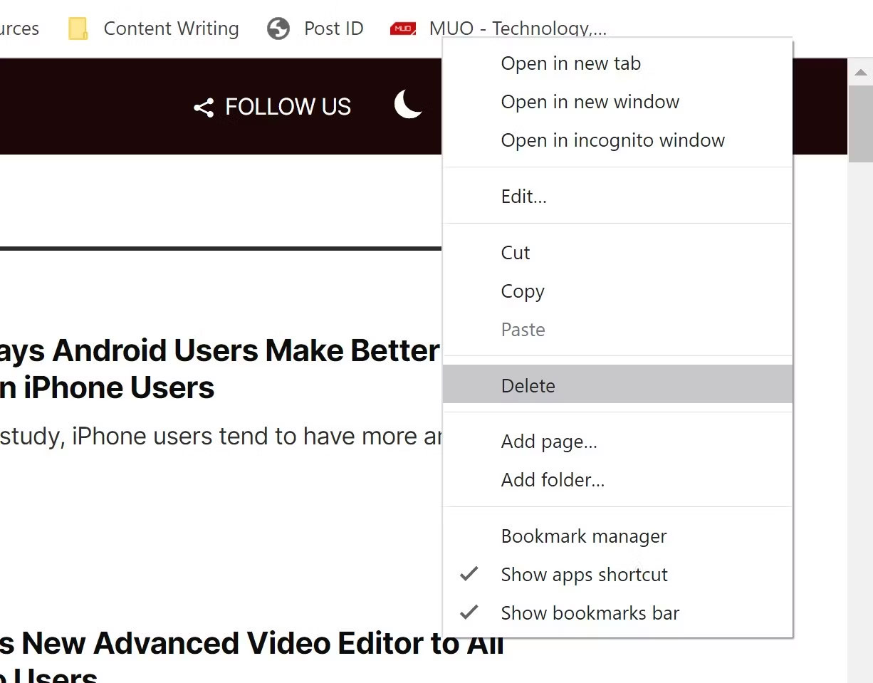 Xóa bookmark Google Chrome