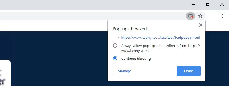 Cửa sổ pop-up Chrome bị chặn