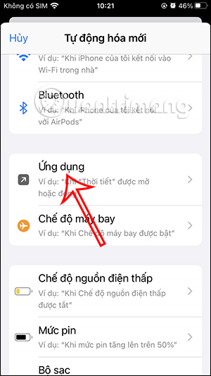 Chọn ứng dụng thiết lập tự động