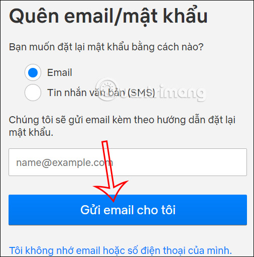 Điền email khôi phục Netflix