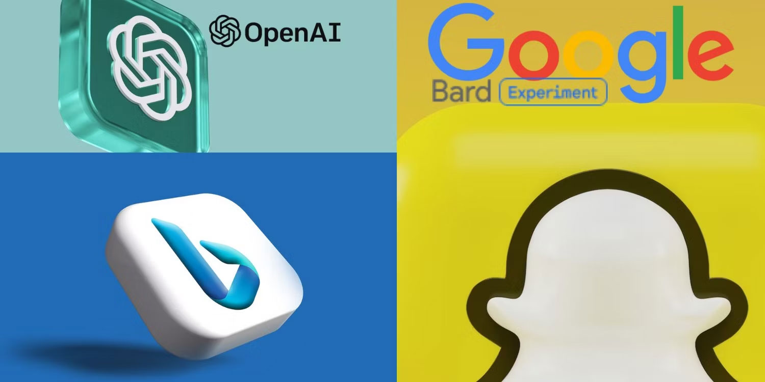 Các logo AI của ChatGPT, Bard, Bing và Snapchat cạnh nhau