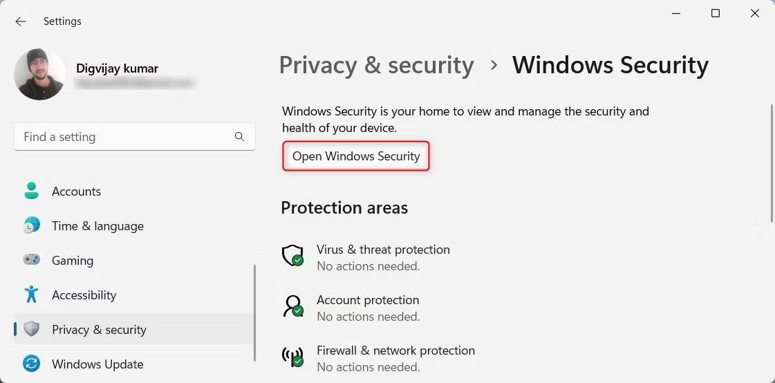 Mở Windows Security