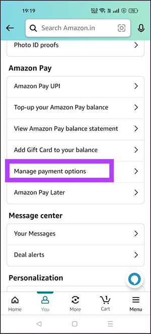 Manage payment options Amazon 