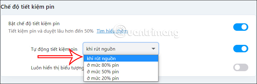 Chỉnh tự động bật tiết kiệm pin trên Opera