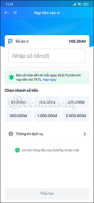 Chọn nguồn tiền nạp vào ZaloPay