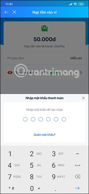 Nhập mật khẩu giao dịch ZaloPay