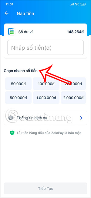 Chọn mệnh giá tiền nạp vào ZaloPay
