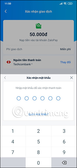 Nhập mật khẩu xác nhận giao dịch ZaloPay