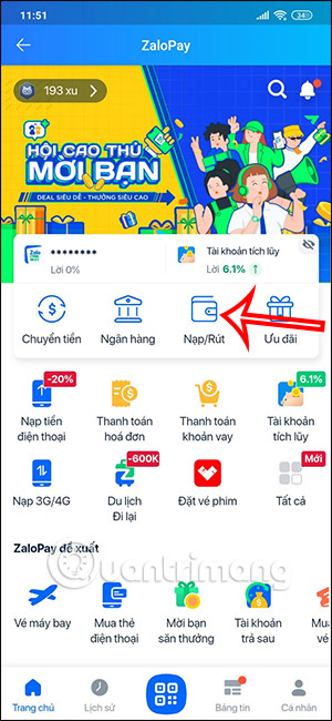 Chọn Nạp/rút tiền