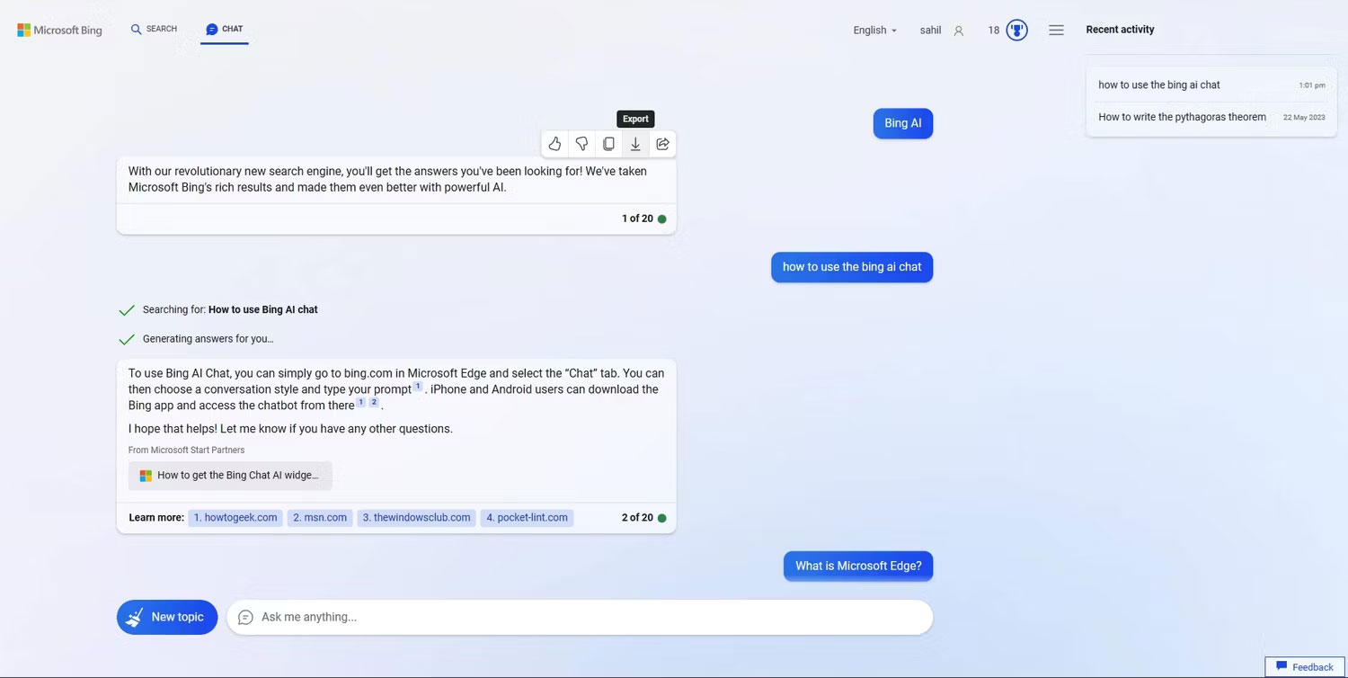 Cửa sổ trang web Bing AI Chat với các đoạn hội thoại