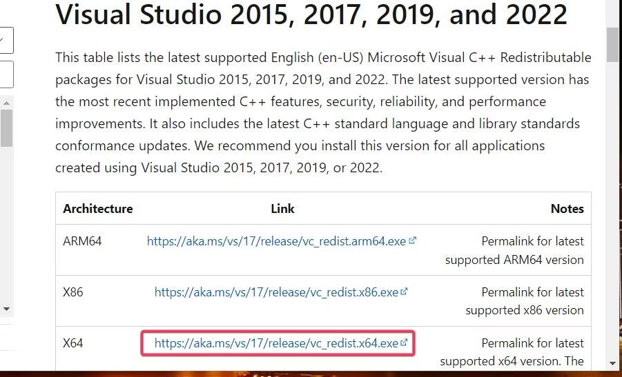 Liên kết tải xuống X64 cho Visual Studio 2015-2022