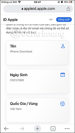 Giao diện thông tin cá nhân trên Apple ID