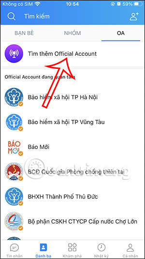 Tìm kiếm tài khoản Zalo OA