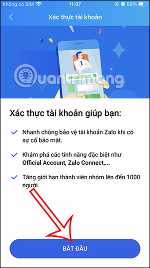 Tiến hành xác thực tài khoản Zalo