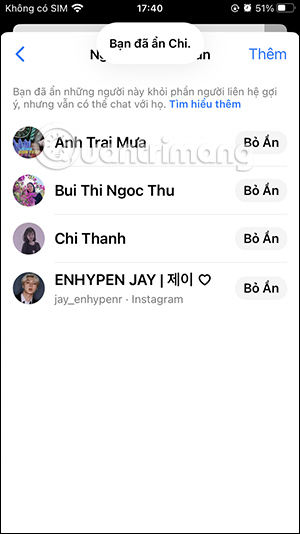Danh sách liên hệ Messenger đã ẩn