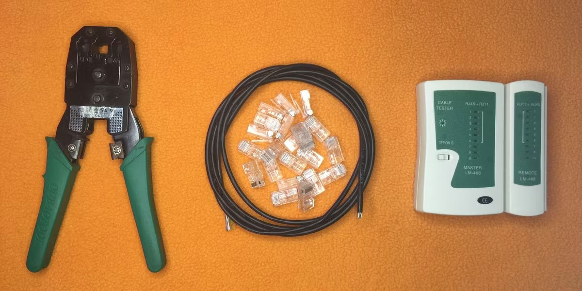 Kìm bấm mạng, cáp Ethernet, đầu nối và thiết bị kiểm tra cáp Ethernet