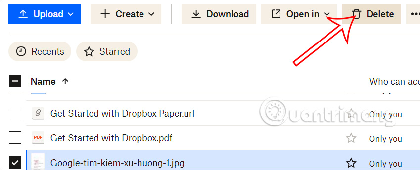Chọn xóa tập tin trên Dropbox