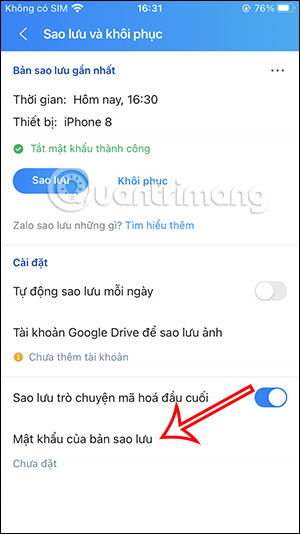 Mật khẩu sao lưu trên Zalo