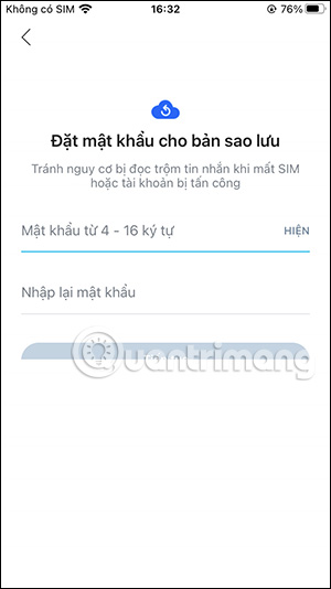 Giao diện nhập mật khẩu sao lưu Zalo