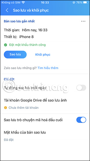 Mật khẩu sao lưu trên Zalo