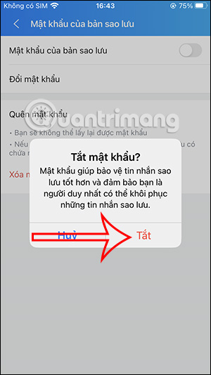 Tắt mật khẩu sao lưu Zalo