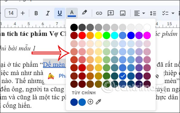 Bảng màu link chèn Google Docs