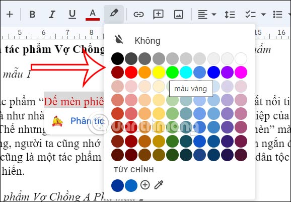 Chọn màu highlight link chèn Google Docs