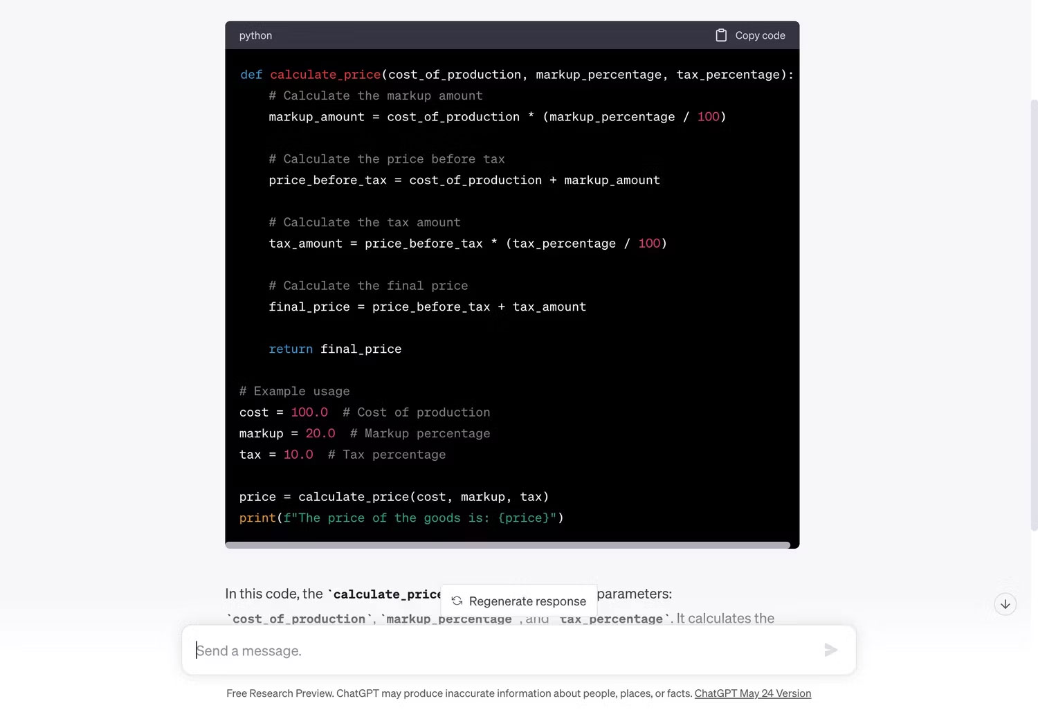 ChatGPT hiển thị code Python để tính giá hàng hóa