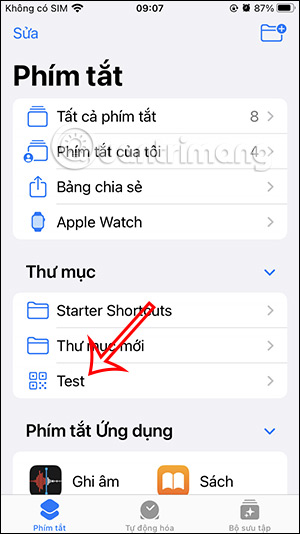 Thư mục phím tắt đã tạo