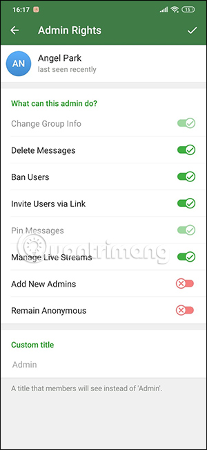 Chỉnh quyền admin mới Telegram