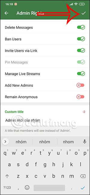 Lưu admin mới nhóm Telegram