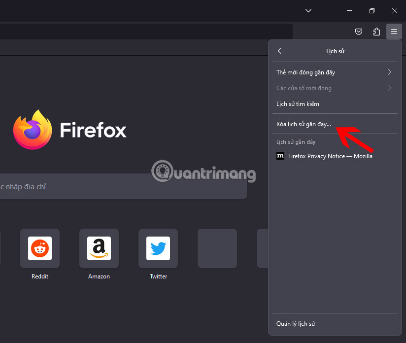 Chọn phạm vi thời gian xóa lịch sử duyệt web Firefox