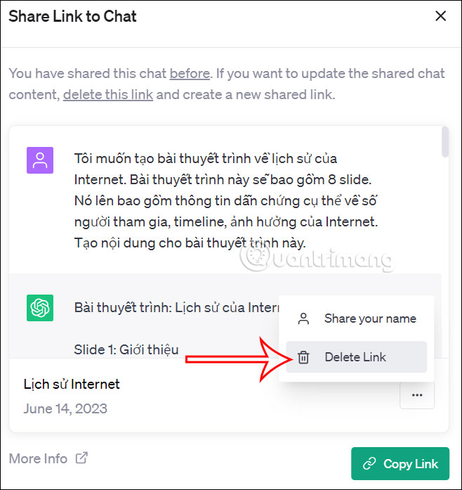 Xóa link đoạn chat ChatGPT chia sẻ