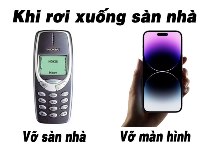 Điện thoại "nồi đồng cối đá" trước đây có thể hoạt động bình thường sau khi rơi. Điện thoại ngày nay hiện đại hơn, nhiều tính năng hơn, màn hình lớn nhưng “mong manh” hơn khiến người dùng phải giữ gìn, trang bị ốp lưng bảo vệ. Ảnh: Nokia/Apple.