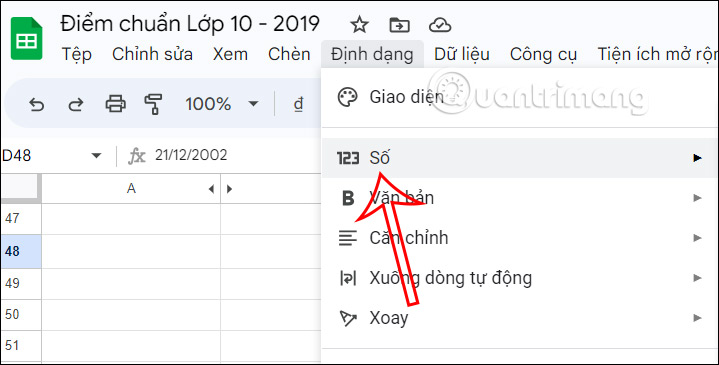 Định dạng số trên Google Sheets