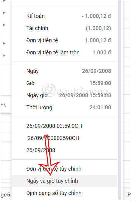 Chỉnh ngày giờ Google Sheets
