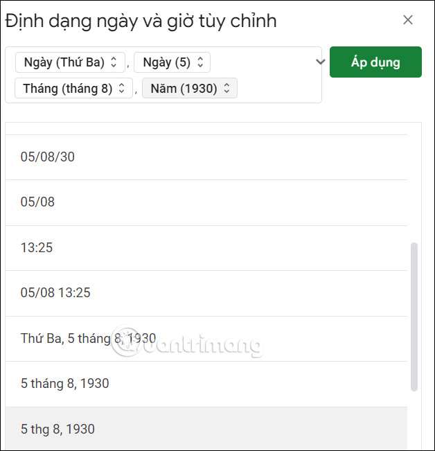 Chọn định dạng ngày giờ Google Sheets