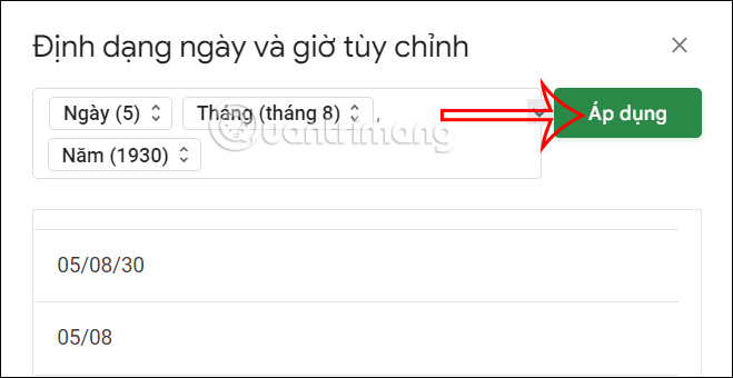 Áp dụng hiển thị ngày giờ Google Sheets