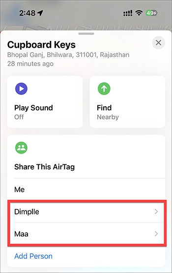 Danh sách người chia sẻ AirTag