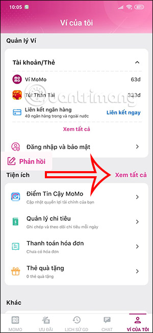 Xem tiện ích ví Momo của bạn