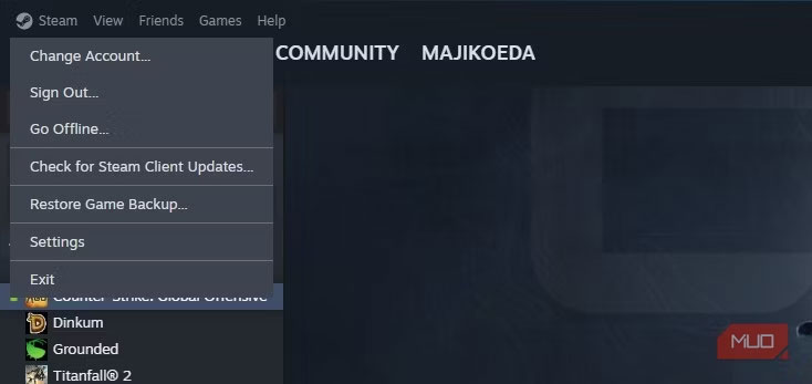 Menu drop-down Steam