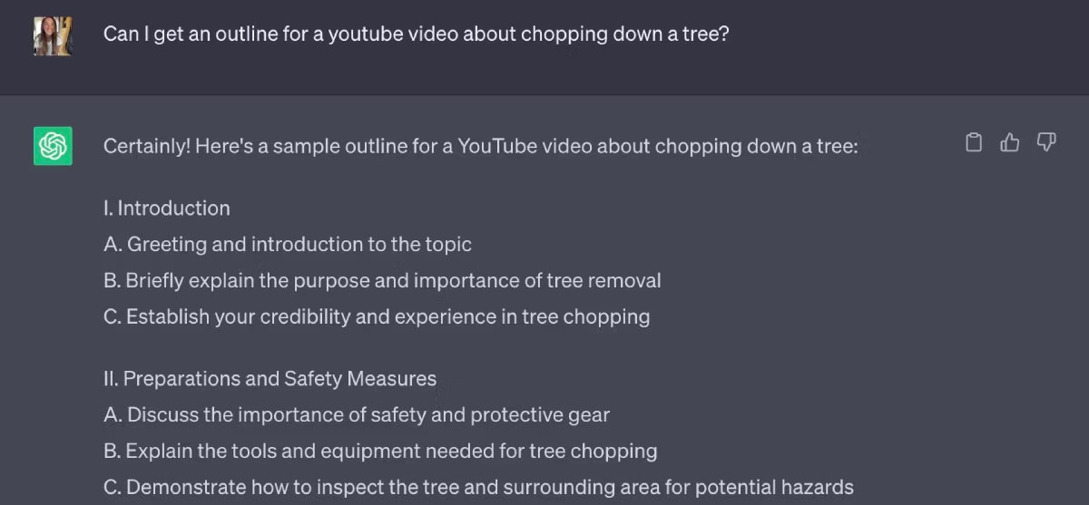 ChatGPT tạo dàn ý cho video YouTube về việc chặt cây