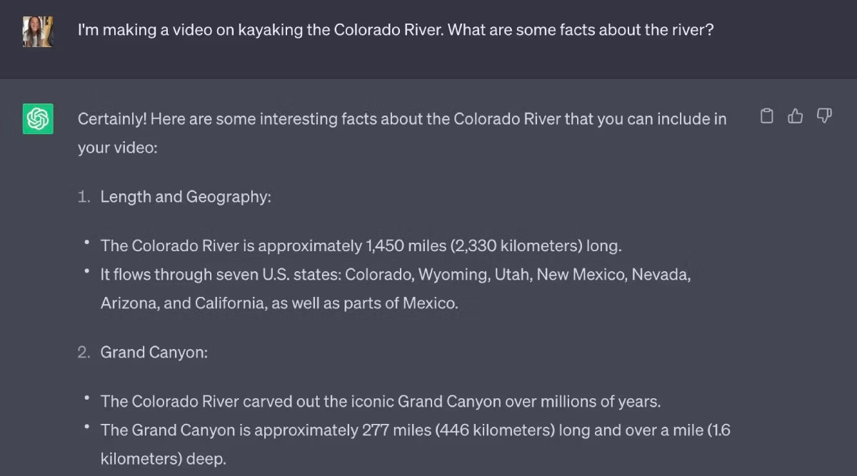 ChatGPT cho biết thông tin về sông Colorado