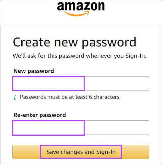 Điền mật khẩu mới cho tài khoản Amazon