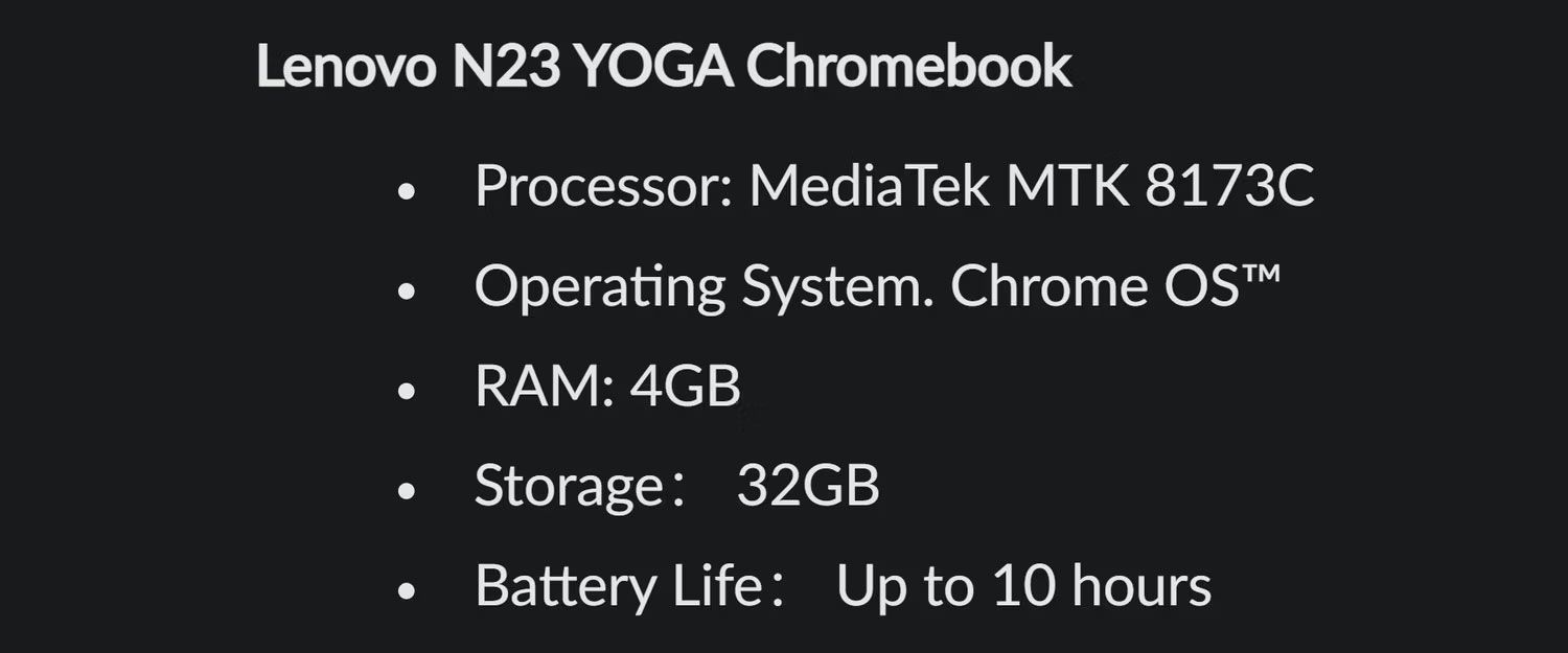 Thông số kỹ thuật của Lenovo Yoga N23 Chromebook