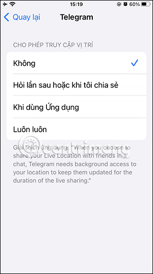 Chặn truy cập vị trí trên Telegram