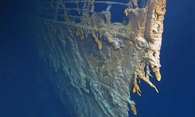 Hình ảnh về phần mũi tàu Titanic được ghi lại trong chuyến thám hiểm vào tháng 8/2019. Ảnh: Atlantic Productions.