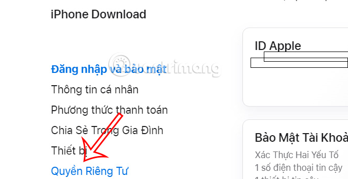 Chỉnh quyền riêng tư Apple ID 