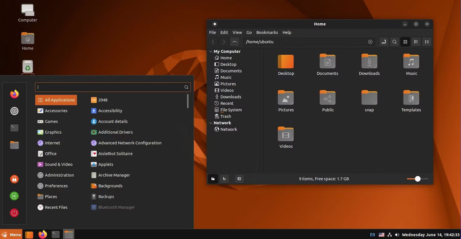 Trình khởi chạy ứng dụng và thư mục chính trong Ubuntu Cinnamon.